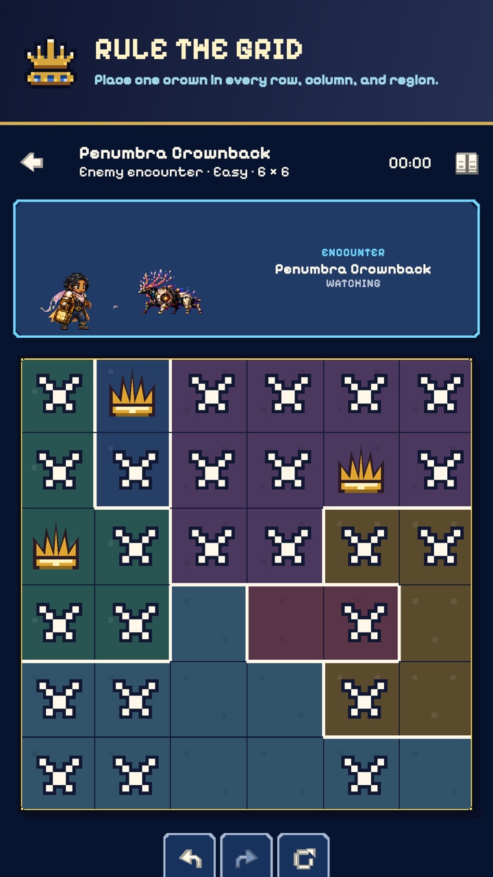 A Queen’s Regalia puzzle board with gold crowns placed across colored regions while a pixel-art knight faces a fantasy opponent above the grid.