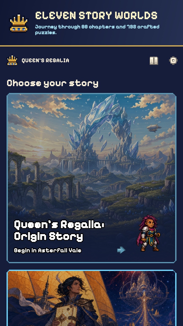 The Queen’s Regalia story selector, showing the Origin Story realm and a second illustrated cosmic adventure.