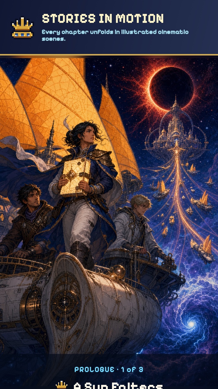 An illustrated Queen’s Regalia cinematic with three travelers aboard a sun-sailed vessel beneath an eclipse and a glowing city.