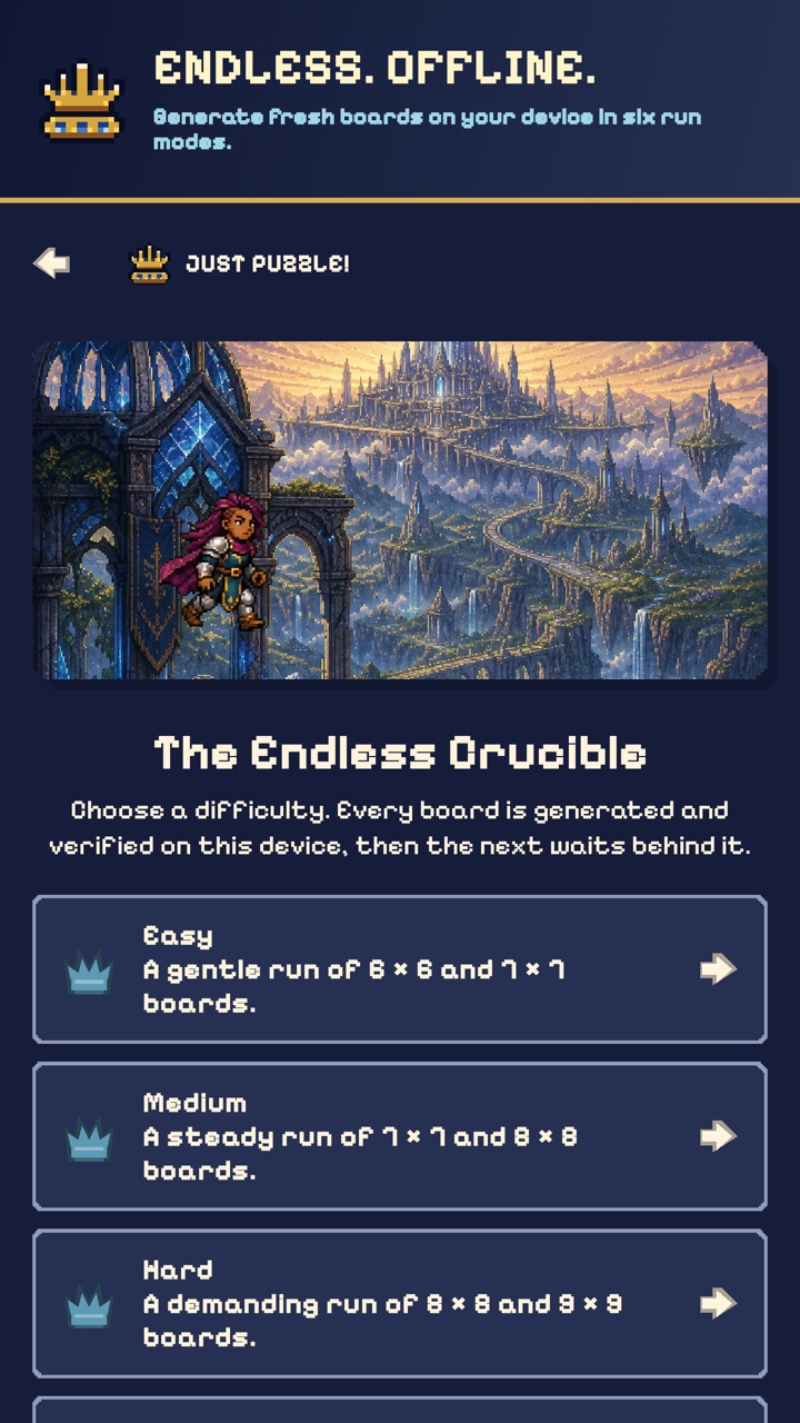 The Just Puzzle mode selector with Easy, Medium, Hard, Expert, and 12-by-12 Extreme offline puzzle runs.