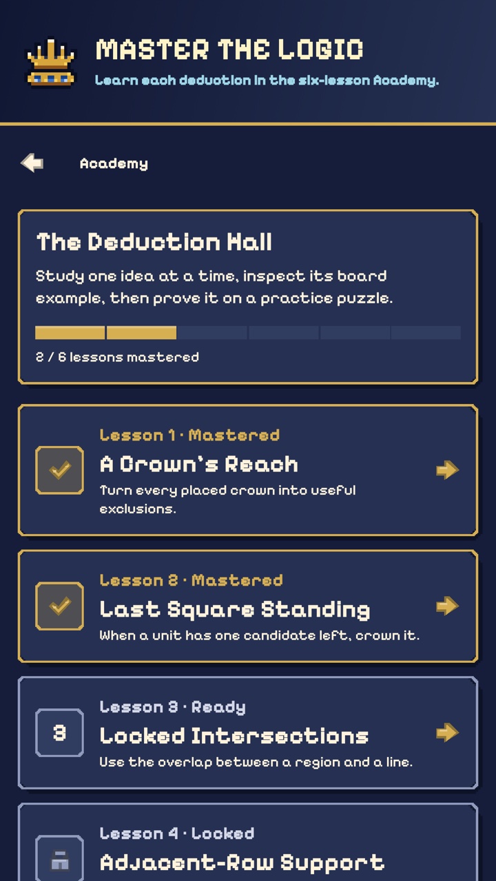 The six-lesson Academy screen with mastered and locked crown-logic deduction lessons.