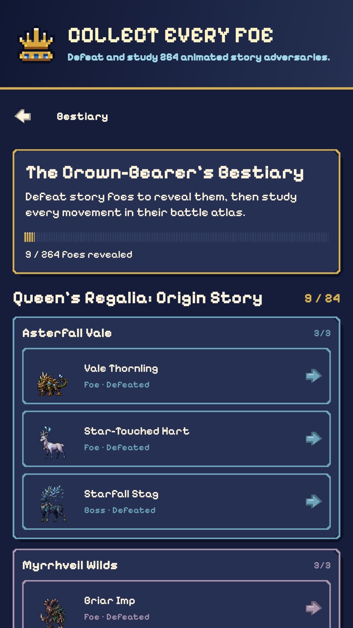 The Crown-Bearer’s Bestiary listing defeated pixel-art creatures from multiple Queen’s Regalia realms.