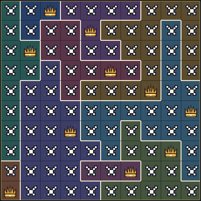 A completed ten-by-ten Queen’s Regalia board with one gold crown in every row, column, and colored region.